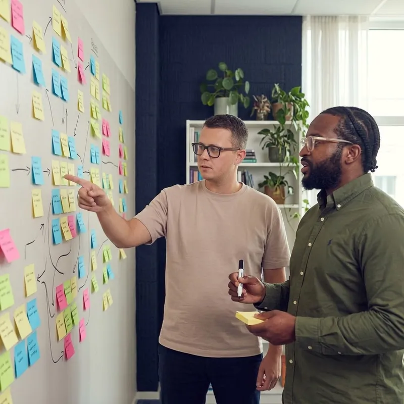 Twee YourFlow consultants analyseren processtromen op een whiteboard met post-its